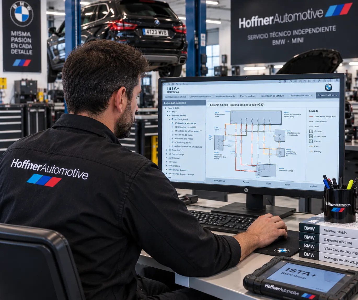 Técnico de Hoffner Automotive trabajando con el sistema ISTA+ en el taller de Európolis